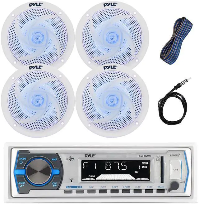 Main image of Single DIN Marine Bluetooth USB/AM/FM Stereo Receiver with Remote Control, 4x 6.5'' 240 Watt Peak Power Marine Blue Light LED White Speakers, 16-Gauge 50 Ft Speaker Wire, 40" Radio Antenna