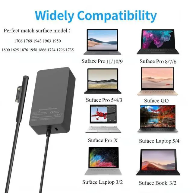 Alt view image 6 of 6 - 65W Surface Pro Charger Compatible with Microsoft Model 1769 1943 1706 1963 | 1950 1800 1625 1876 1958 1866 1724 1796 1735 Surface Pro 11, 10, 9, 8, 7+, 7, 6, 5, 4, 3, X Power Supply