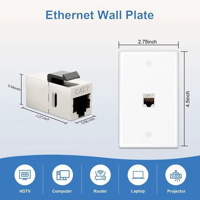Alt view image 3 of 7 - 2-Pack Shielded Cat7 Ethernet Wall Plate, 1-Port Keystone+Bracket | 10Gbps, 1 Port Keystone Wall Plate with Bracket+Cat7 Shielded RJ45 Keystone Coupler, Single Gang Ethernet Wall Plate