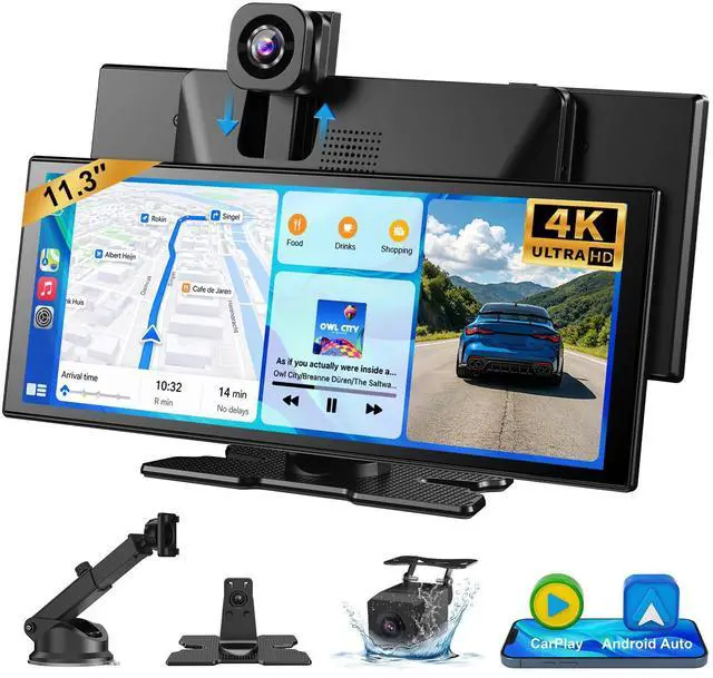 Main image of 11.3" Wireless CarPlay & Android Auto Screen for car with Dual Cam | 4K Dash & 1080P Rear Cam, Touchscreen Apple Car Play Screen, with Voice Control/GPS Navigation/Mirror Link/Bluetooth/AUX/FM