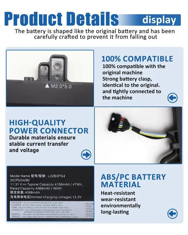 Alt view image 3 of 7 - 47Wh L22B3PG4 L22M3PG4 Battery Replacement for Lenovo ThinkPad E14 Gen 5 Gen 6,ThinkPad E16 Gen 1 Gen 2 Series Notebook L22D3PG4 L22X3PG4 L22L3PG5 L22B3PG5 L22D3PG5-11.31V 4156mAh