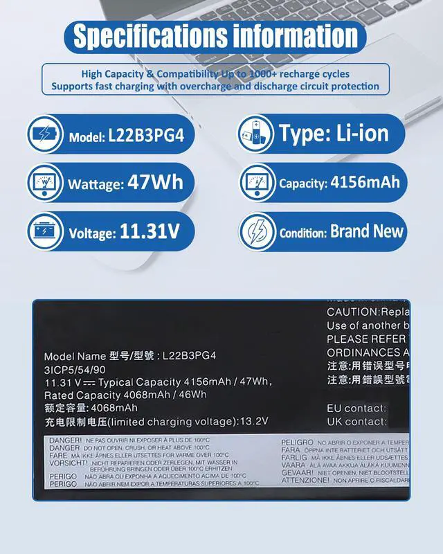 Alt view image 4 of 7 - 47Wh L22B3PG4 L22M3PG4 Battery Replacement for Lenovo ThinkPad E14 Gen 5 Gen 6,ThinkPad E16 Gen 1 Gen 2 Series Notebook L22D3PG4 L22X3PG4 L22L3PG5 L22B3PG5 L22D3PG5-11.31V 4156mAh