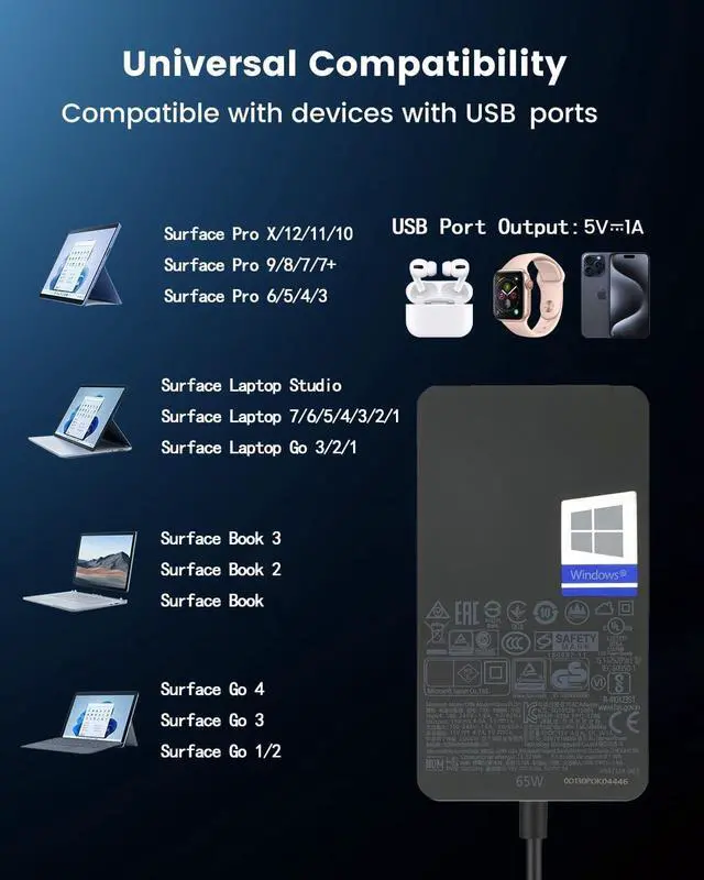 Alt view image 2 of 7 - Surface Pro Charger 65W for Microsoft Surface Charger 65W 44W 39W 36W | for Microsoft Surface Pro 3-12, Surface Laptop 1-7, Surface Go/Surface LaptopGo 1-4, Surface Book 1-3, Surface Laptop Studio