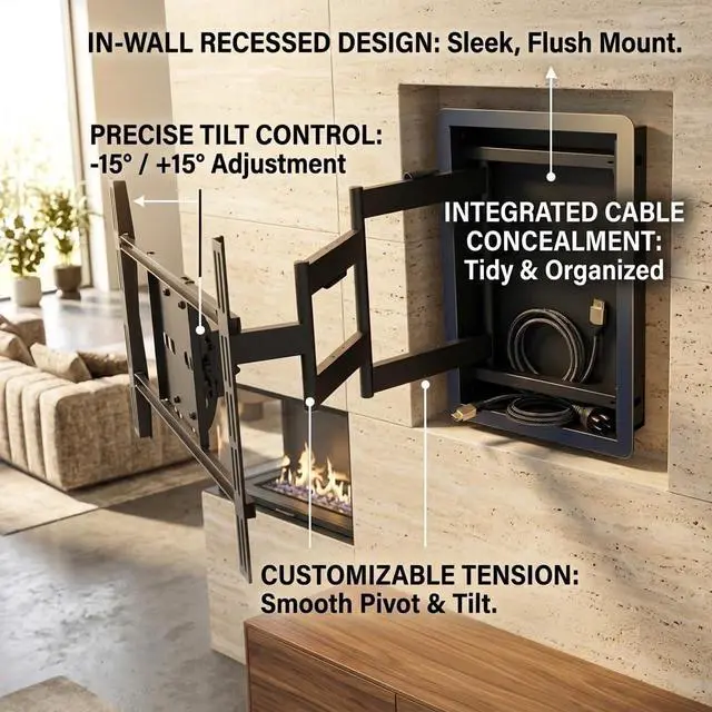 Alt view image 7 of 7 - Recessed in Wall TV Mount, 28-Inch Extension and Cable Management | Flush Fit Flat Curved 55"-90" TVs, Low-Profile Hidden Install, Wood Concrete Compatible, VESA 200x200-800x600, 16" Studs Only