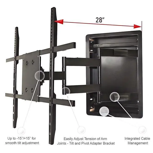 Alt view image 2 of 7 - Recessed in Wall TV Mount, 28-Inch Extension and Cable Management | Flush Fit Flat Curved 55"-90" TVs, Low-Profile Hidden Install, Wood Concrete Compatible, VESA 200x200-800x600, 16" Studs Only