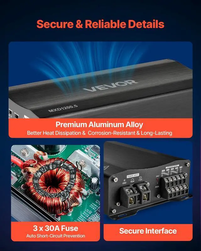 Alt view image 5 of 7 - 5 Channel Car Audio Amplifier Bridgeable Class D Full Range Amp Max Power 4 x 100W @ 4 Ohm / 4 x 200W @ 2 Ohm + Sub 1 x 500W @ 4 Ohm / 1 x 1000W @ 2 Ohm for Speakers & Subwoofer Vehicles