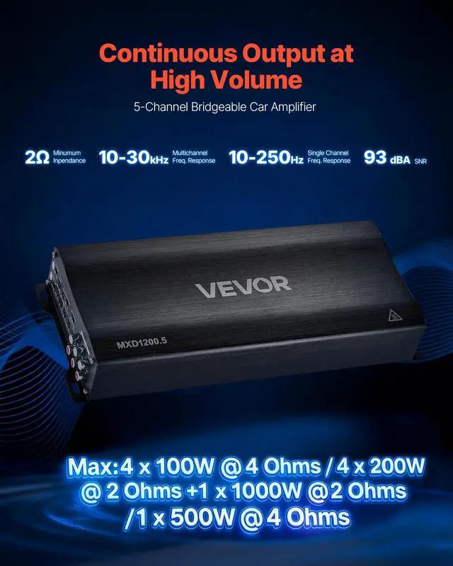 Alt view image 2 of 7 - 5 Channel Car Audio Amplifier Bridgeable Class D Full Range Amp Max Power 4 x 100W @ 4 Ohm / 4 x 200W @ 2 Ohm + Sub 1 x 500W @ 4 Ohm / 1 x 1000W @ 2 Ohm for Speakers & Subwoofer Vehicles