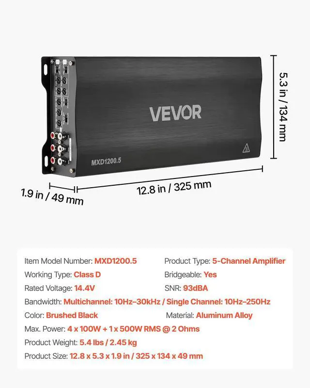 Alt view image 7 of 7 - 5 Channel Car Audio Amplifier Bridgeable Class D Full Range Amp Max Power 4 x 100W @ 4 Ohm / 4 x 200W @ 2 Ohm + Sub 1 x 500W @ 4 Ohm / 1 x 1000W @ 2 Ohm for Speakers & Subwoofer Vehicles