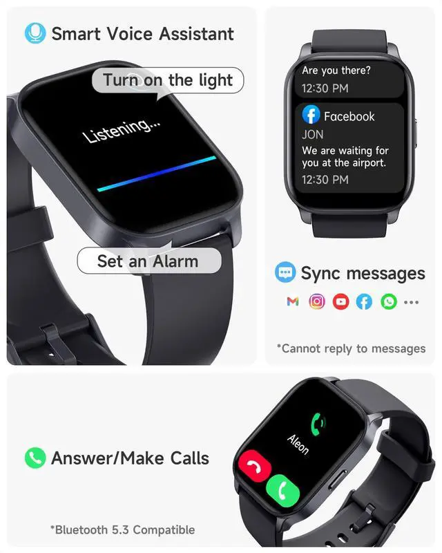 Alt view image 2 of 7 - Smart Watch for Men Women, Smartwatch Compatible Android and iOS Phone, Answer/Make Calls, Fitness Tracker Watch, Heart Rate/Sleep Tracker/100 Sports/IP68 Waterproof, Midnight Black