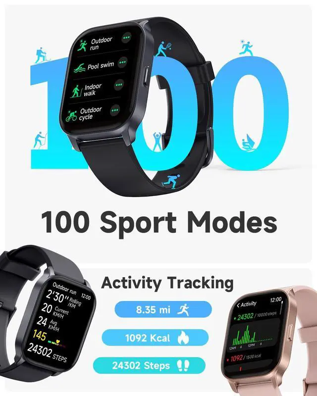 Alt view image 5 of 7 - Smart Watch for Men Women, Smartwatch Compatible Android and iOS Phone, Answer/Make Calls, Fitness Tracker Watch, Heart Rate/Sleep Tracker/100 Sports/IP68 Waterproof, Midnight Black
