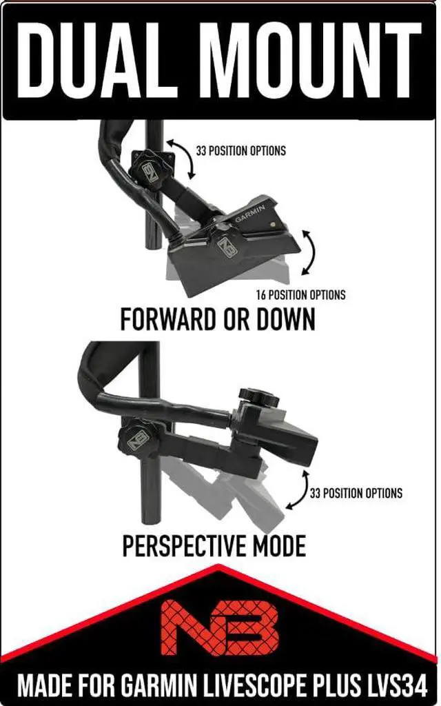 Alt view image 4 of 7 - 0 Degree Dual Mount for Garmin Livescope LVS34 Plus, Forward Down and Perspective Mode, Aluminum, Black, Gimbal Mount