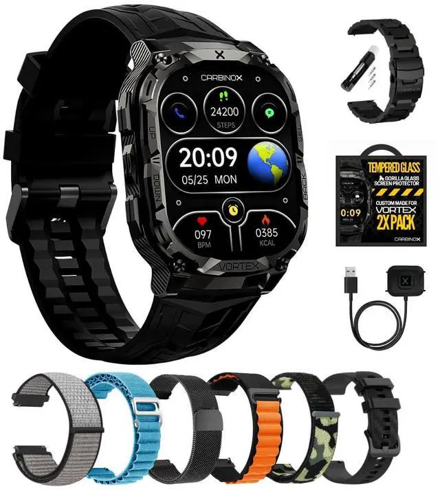Main image of Vortex Smart Watch with Metal Band, Charger, Tempered Glass (2 Pack), Straps Rugged Fitness Tracker IP69K Waterproof Compatible with Android and iOS Phone, 14 Days of Battery Military Durable