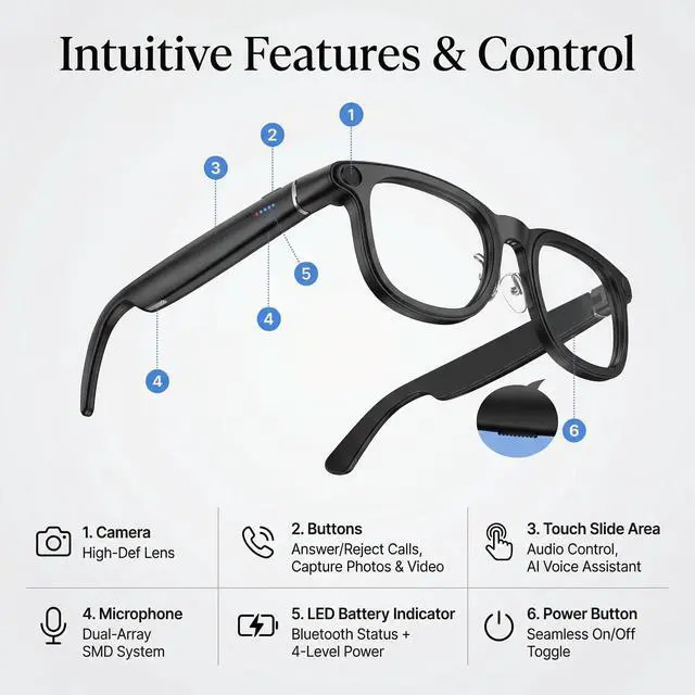 Alt view image 5 of 6 - Smart Glasses with AI Voice Assistant & 8MP Camera | Hands-Free Video Recording, Open-Ear Audio, Real-Time Translation, IP54 Sports Sunglasses