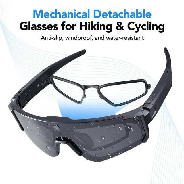 Alt view image 3 of 7 - Sporty AI Bluetooth Smart Glasses with Camera for Cycling & Hiking Unisex |, IP54 Waterproof, Detachable Inner Lense, 1200P EIS Pro-Stabilized Recording, Dual-Mic ENC Noise-Reduction, Black