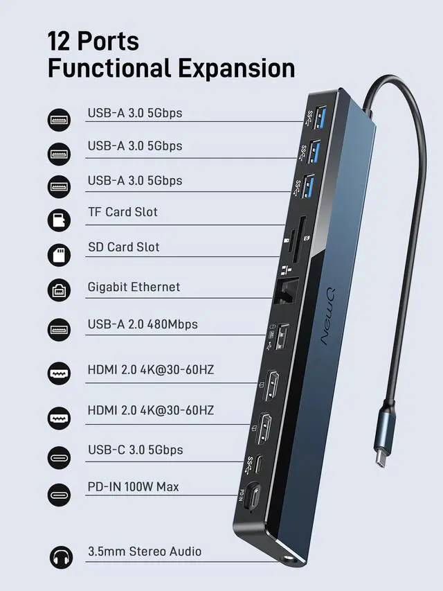 Alt view image 2 of 7 - USB C Docking Station with Dual HDMI 4K, 100W PD-in, 12-in-1 Laptop Dock for Windows, MacBook, Chromebook