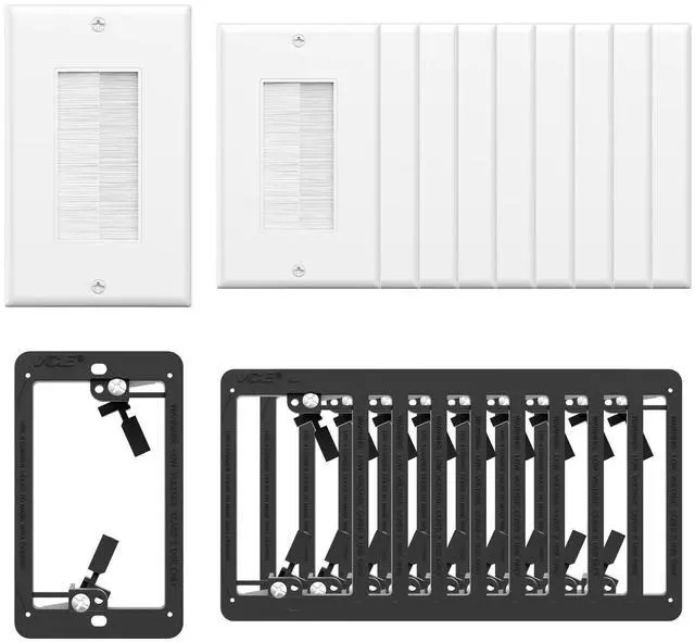 Main image of Brush Wall Plate with Mounting Bracket 10-Pack | Single Gang Cable Pass Through Wall Cover, Low Voltage Cord Hider, Wall Mount TV & Home Theater System, White+Black