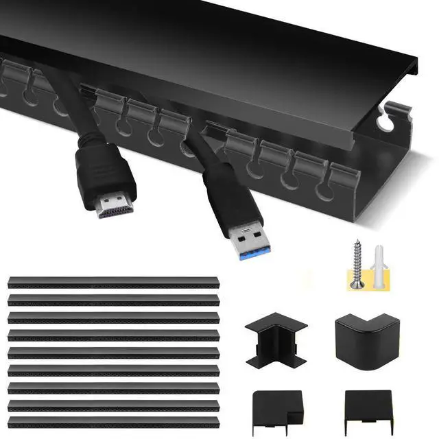 Main image of Cable Raceway Kit, Cable Management System Open Slot Wiring Raceway Duct with Cover, On-Wall Concealer Organizer for Cable Pass to Hide Wires Cords for TVs, Computers - 9x15.4inch, Black