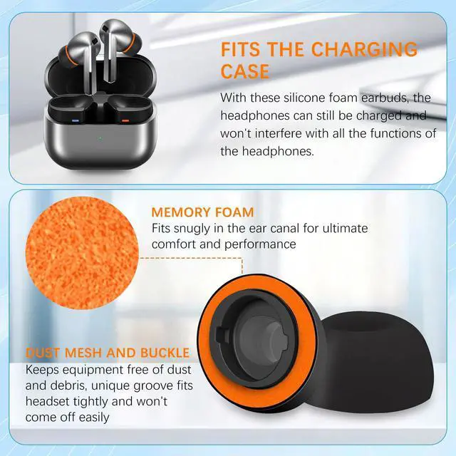 Alt view image 4 of 7 - Best Memory Foam&Silicone Hybrid Ear Tips for Samsung Galaxy Buds3 Pro,Double Layer Anti-Slip,Ultra-Comfort,Better Noise Cancellation,Fit in The Charging Case,3 Pairs (Black Orange, S/M/L)