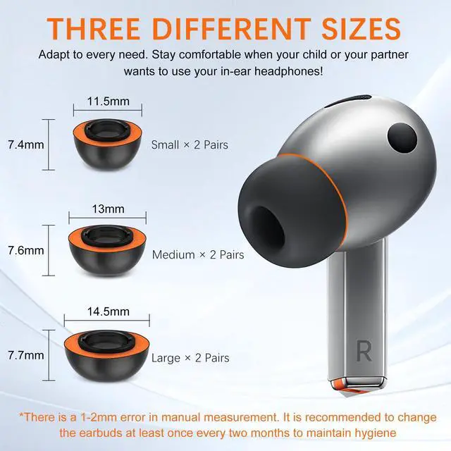 Alt view image 5 of 7 - Best Memory Foam&Silicone Hybrid Ear Tips for Samsung Galaxy Buds3 Pro,Double Layer Anti-Slip,Ultra-Comfort,Better Noise Cancellation,Fit in The Charging Case,3 Pairs (Black Orange, S/M/L)