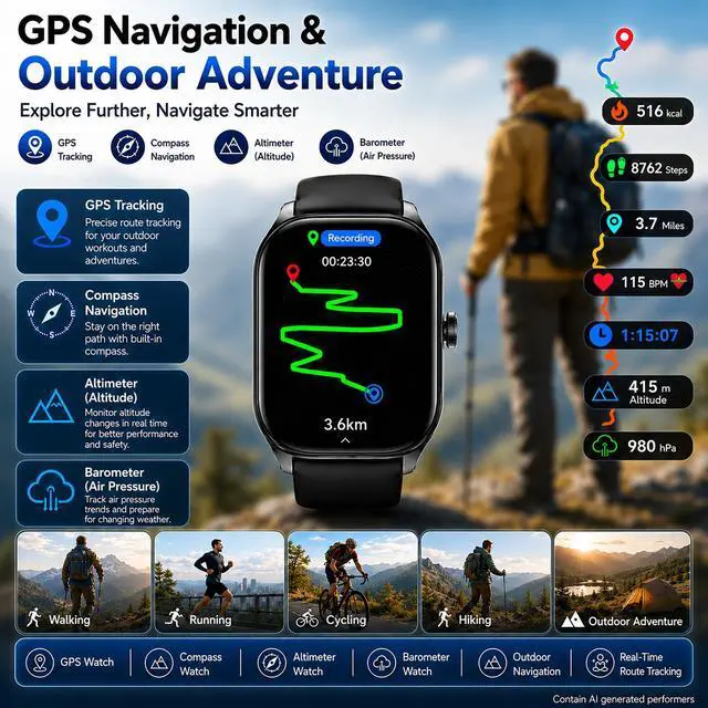 Alt view image 2 of 7 - Smart Watch for Men Women Built-in GPS with AI (Answer/Make Call), 1.96" HD Display, IP68 Waterproof, Bluetooth Calls, 100+ Sport Modes, 24/7 Health Monitor, Fitness Tracker for Android iPhone