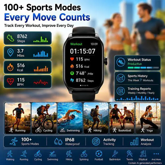 Alt view image 5 of 7 - Smart Watch for Men Women Built-in GPS with AI (Answer/Make Call), 1.96" HD Display, IP68 Waterproof, Bluetooth Calls, 100+ Sport Modes, 24/7 Health Monitor, Fitness Tracker for Android iPhone