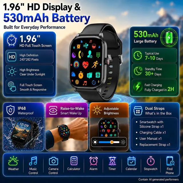 Alt view image 7 of 7 - Smart Watch for Men Women Built-in GPS with AI (Answer/Make Call), 1.96" HD Display, IP68 Waterproof, Bluetooth Calls, 100+ Sport Modes, 24/7 Health Monitor, Fitness Tracker for Android iPhone