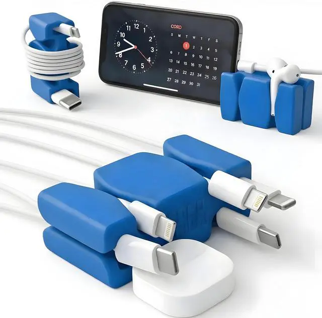 Main image of Silicone & Steel Weighted Cord Holder for Nightstand. Travel Phone Charger Organizer. Useful iPhone Accessory. Small Gift for Guys, College Students. Tech Gadget for Teens, Men. Blue