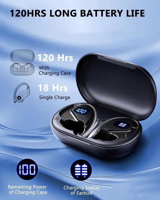 Alt view image 6 of 7 - Wireless Earbuds 120H Playtime Bluetooth 6.1 Ear Buds for Sports Hi-fi Stereo Headset with LED Display Charging Case Earpiece for Running Workout Audifonos Retro Black