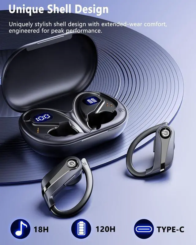 Alt view image 7 of 7 - Wireless Earbuds 120H Playtime Bluetooth 6.1 Ear Buds for Sports Hi-fi Stereo Headset with LED Display Charging Case Earpiece for Running Workout Audifonos Retro Black