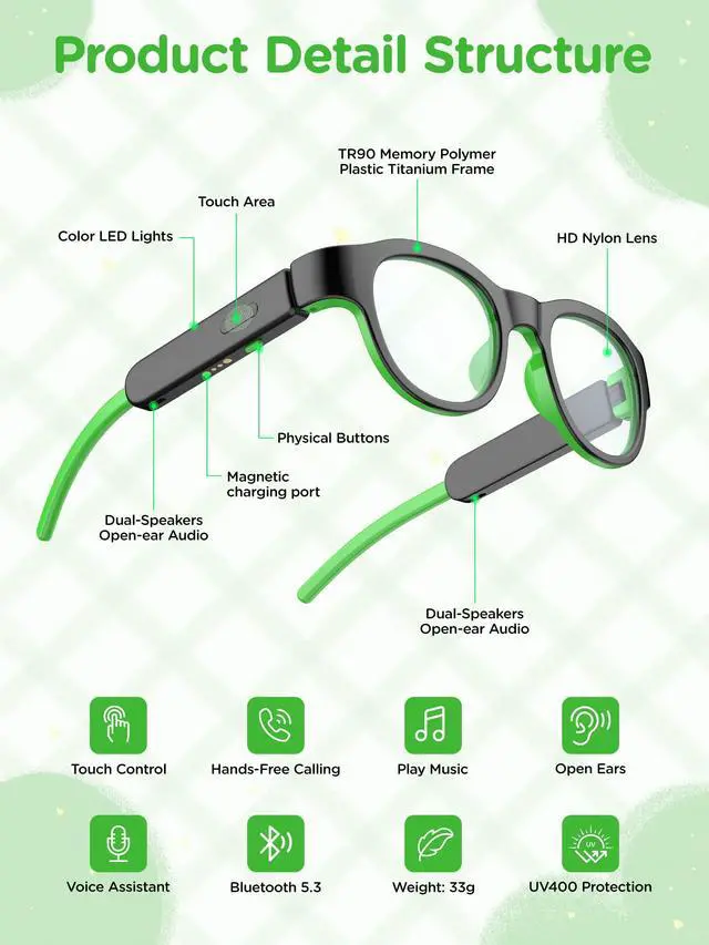 Alt view image 5 of 6 - Smart Glasses for Kids, Polarized Sunglasses with Bluetooth Speaker, Athletic/Outdoor UV Protection and Voice Control, Kids Ages 6-12 (Grey Lens)