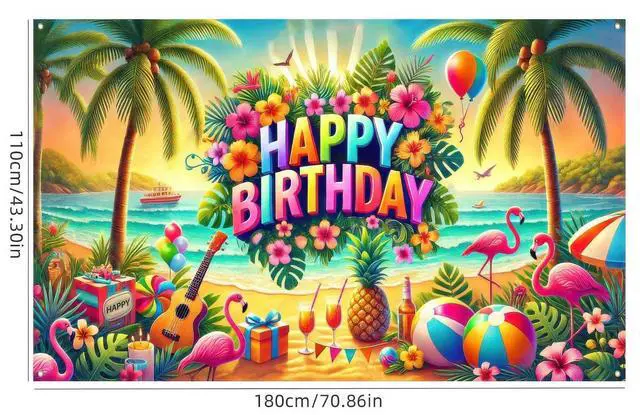 Alt view image 2 of 5 - Tropical Flamingo Birthday Banner 71x43 Inch Polyester | Polyester, Tropical Beach Flamingo Happy Birthday Backdrop Banner for Garden, Yard, Wall, Living