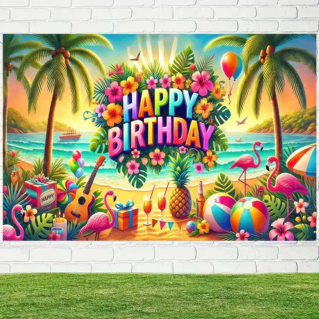 Alt view image 3 of 5 - Tropical Flamingo Birthday Banner 71x43 Inch Polyester | Polyester, Tropical Beach Flamingo Happy Birthday Backdrop Banner for Garden, Yard, Wall, Living