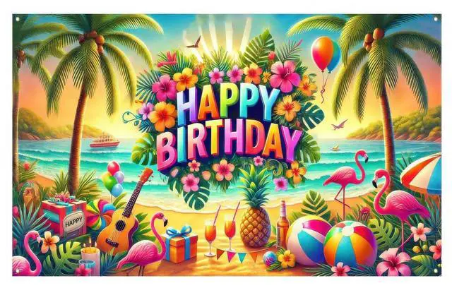 Alt view image 5 of 5 - Tropical Flamingo Birthday Banner 71x43 Inch Polyester | Polyester, Tropical Beach Flamingo Happy Birthday Backdrop Banner for Garden, Yard, Wall, Living