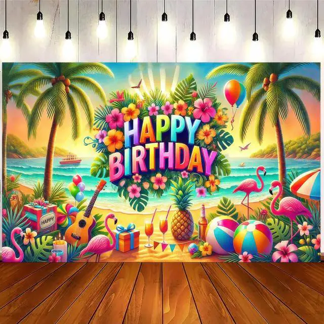 Alt view image 4 of 5 - Tropical Flamingo Birthday Banner 71x43 Inch Polyester | Polyester, Tropical Beach Flamingo Happy Birthday Backdrop Banner for Garden, Yard, Wall, Living