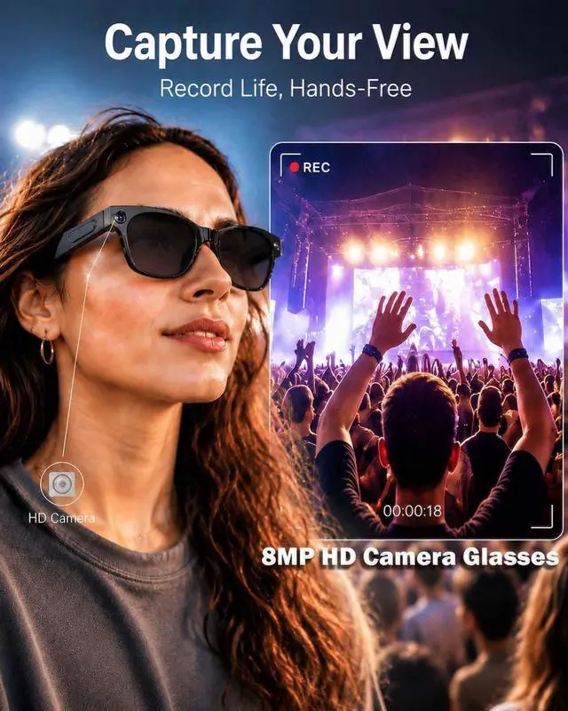 Alt view image 2 of 7 - AI Smart Glasses with Camera,8MP Photo Camera Sunglasses,1080P Video Recording Glasses with Dual Mic Noise Cancellation,Bluetooth,Real-Time Translation,for Men Women(Sunglass Lenses)