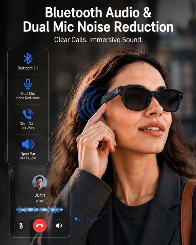 Alt view image 5 of 7 - AI Smart Glasses with Camera,8MP Photo Camera Sunglasses,1080P Video Recording Glasses with Dual Mic Noise Cancellation,Bluetooth,Real-Time Translation,for Men Women(Sunglass Lenses)