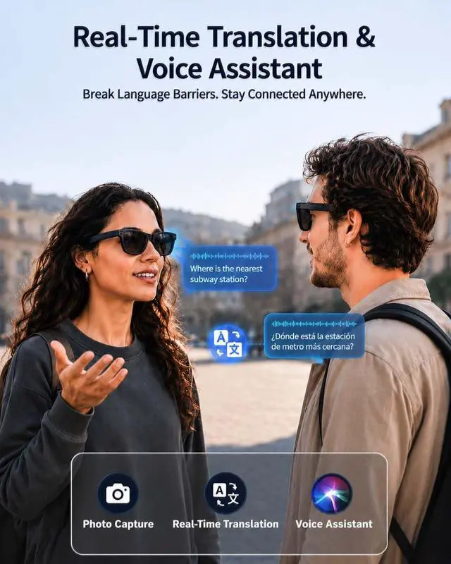 Alt view image 3 of 7 - AI Smart Glasses with Camera,8MP Photo Camera Sunglasses,1080P Video Recording Glasses with Dual Mic Noise Cancellation,Bluetooth,Real-Time Translation,for Men Women(Sunglass Lenses)