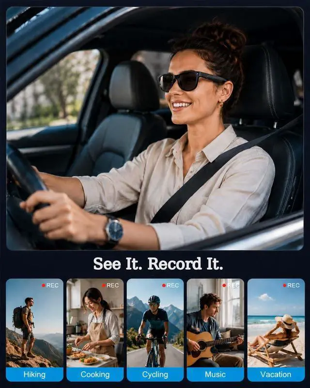 Alt view image 6 of 7 - AI Smart Glasses with Camera,8MP Photo Camera Sunglasses,1080P Video Recording Glasses with Dual Mic Noise Cancellation,Bluetooth,Real-Time Translation,for Men Women(Sunglass Lenses)