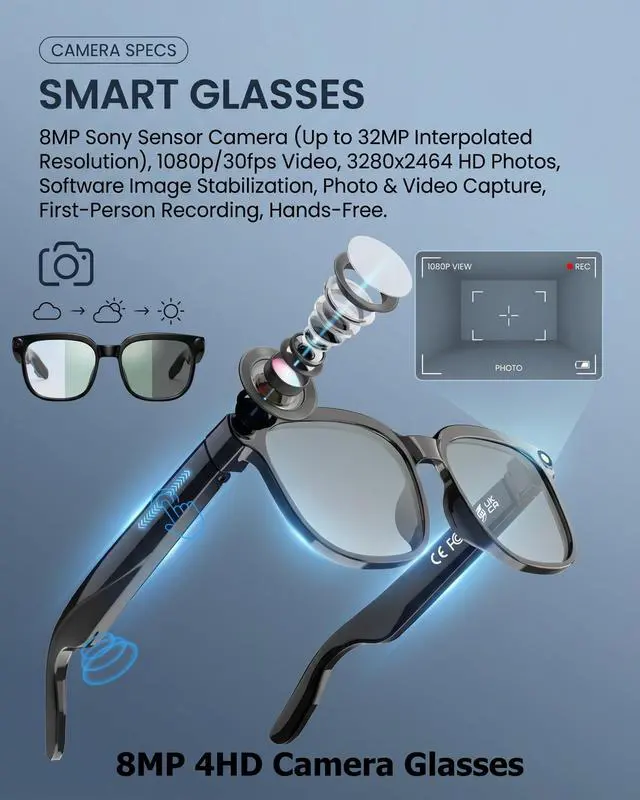 Alt view image 3 of 7 - AI Smart Glasses with Camera and Audio, 4K HD Video Recording Glasses, 8MP Camera Glasses for Men Women, AI Voice, Real-Time Translation, Photochromic Lenses, IP65 Waterproof for Travel & Meetings