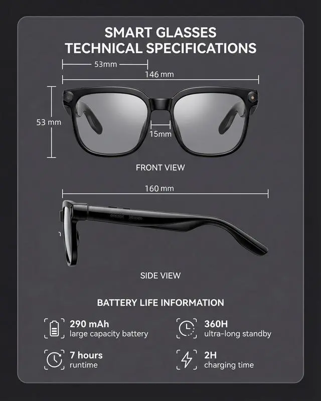 Alt view image 7 of 7 - AI Smart Glasses with Camera and Audio, 4K HD Video Recording Glasses, 8MP Camera Glasses for Men Women, AI Voice, Real-Time Translation, Photochromic Lenses, IP65 Waterproof for Travel & Meetings