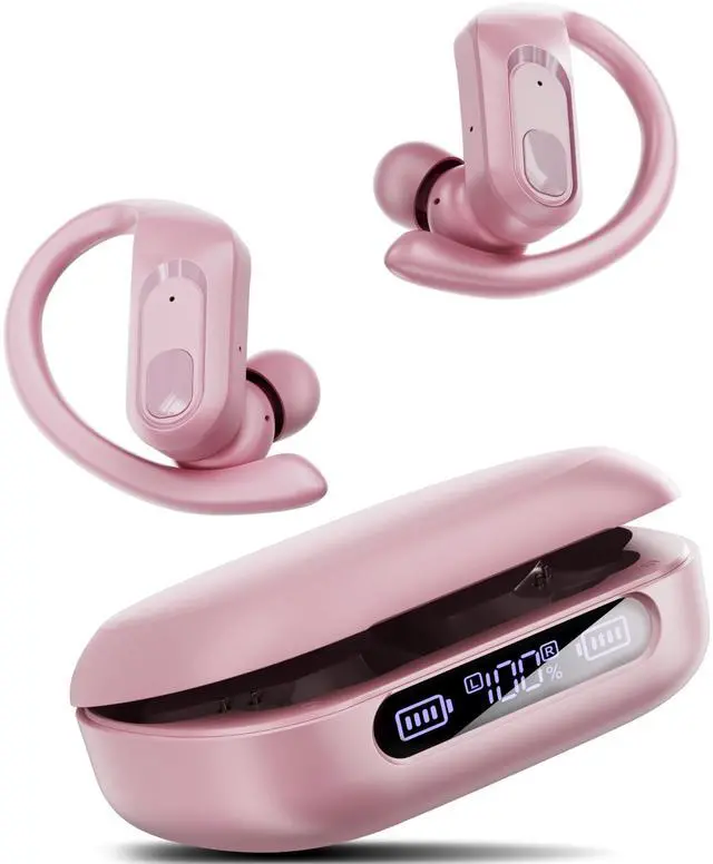 Main image of Active Noise Cancelling Wireless Earbuds Bluetooth Headphones Ear Buds 96Hrs Playback Clear Call Waterproof Earphones with Ear Hook Microphones for Sport Running Pink