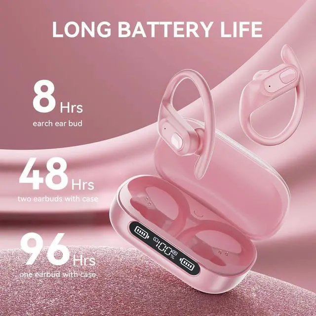 Alt view image 3 of 7 - Active Noise Cancelling Wireless Earbuds Bluetooth Headphones Ear Buds 96Hrs Playback Clear Call Waterproof Earphones with Ear Hook Microphones for Sport Running Pink