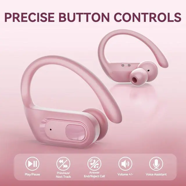 Alt view image 4 of 7 - Active Noise Cancelling Wireless Earbuds Bluetooth Headphones Ear Buds 96Hrs Playback Clear Call Waterproof Earphones with Ear Hook Microphones for Sport Running Pink