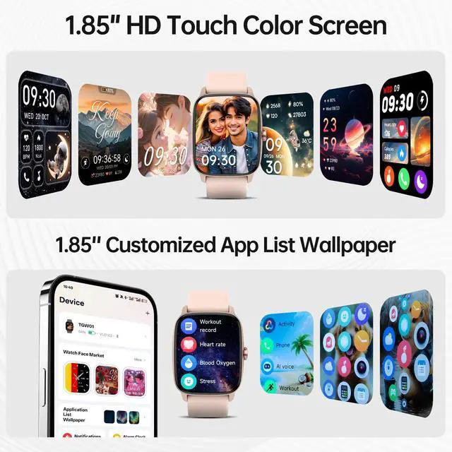 Alt view image 7 of 7 - Smart Watches for Women Men with Bluetooth Call & AI Voice, 1.85" HD Fitness Tracker with Heart Rate SpO2 Sleep Monitor, 100+ Sports Modes,Mini Games, IP68 Waterproof Smartwatch for Android iOS Phones