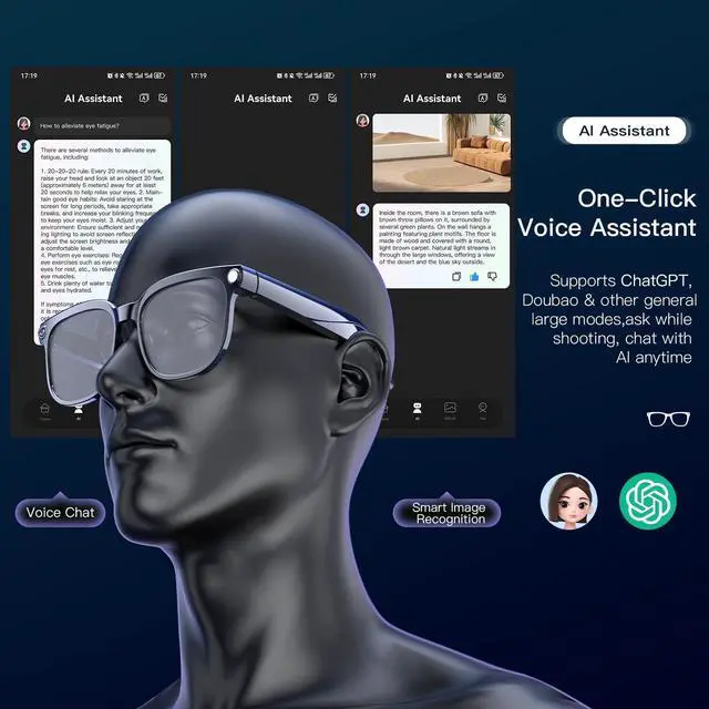 Alt view image 5 of 7 - Smart Glasses with Camera, 4K HD Video & Photo Capture Recording Glasses with Audio, AI ChatGPT Assistant, Real-Time Translation Bluetooth Camera Sunglasses, Voice Control Smart Glasses for Men Women