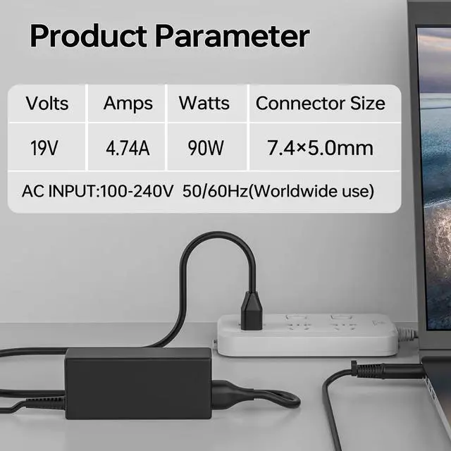 Alt view image 4 of 7 - 90W 19V 4.74A AC Charger Compatible with HP 22-c0073w 22-df0003w All-in-One Desktop 609940-001 Laptop Power Supply Adapter (7.4mm×5.0mm)