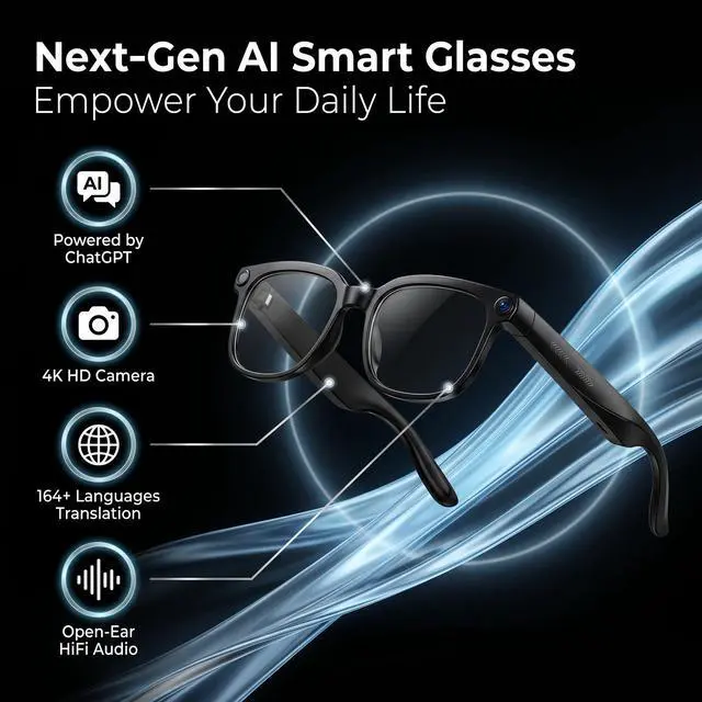 Alt view image 2 of 6 - AI Smart Glasses with Camera, 4K HD Video Audio Recording, 164+ Languages Real-Time Translation Bluetooth Sunglasses, AI Voice Assistant, Photochromic LensesVoice Control Smart Glasses for Men Women