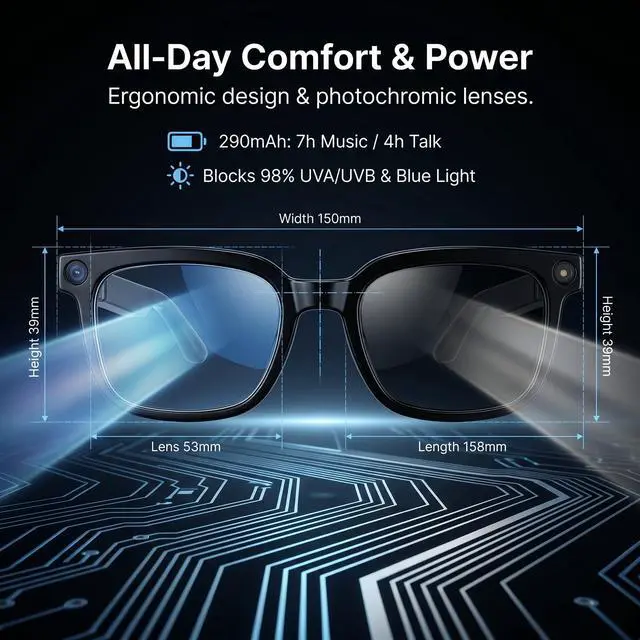 Alt view image 5 of 6 - AI Smart Glasses with Camera, 4K HD Video Audio Recording, 164+ Languages Real-Time Translation Bluetooth Sunglasses, AI Voice Assistant, Photochromic LensesVoice Control Smart Glasses for Men Women