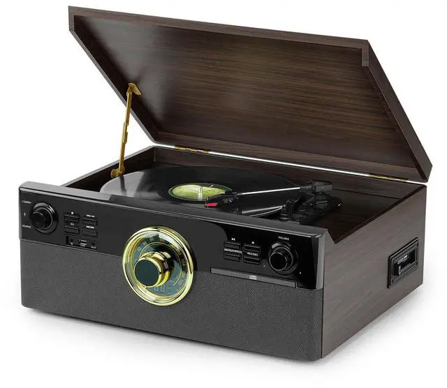 Main image of All-in-One Record Player with CD and Cassette Player, Direct-to-USB MP3 Recording, Bluetooth, FM Radio, 3-Speed Turntable and Built-in Stereo Speakers