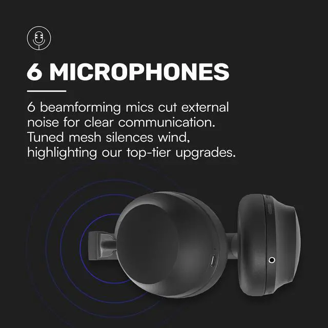 Alt view image 7 of 7 - Pro Bluetooth Headphones - Premium Over The Ear Headphones, Hybrid Active Noise Cancelling Wireless Headphones + Awareness Mode, Bluetooth Headset with Mic, 60 Hours of Battery Life (Black)